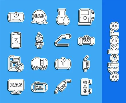 Set line Gas filling station, Gasoline pump nozzle, Metallic pipes and valve, Stock Illustration