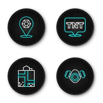 Set line Gas mask, Mine entrance, Dynamite and Gem stone icon. Vector Stock Illustration