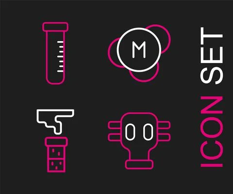 Set line Gas mask, Test tube and flask, Molecule and icon. Vector Stock Illustration