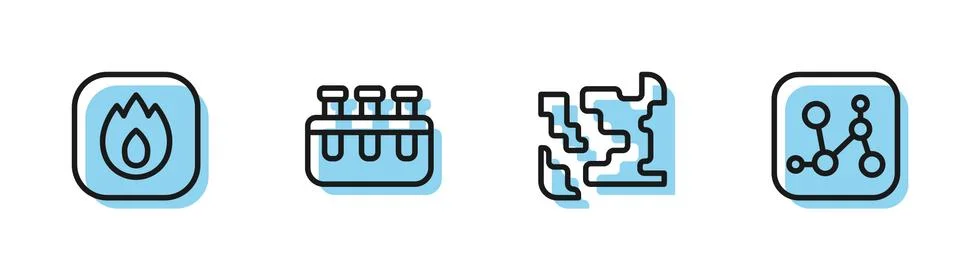 Set line Gaseous, Fire flame, Test tube and flask and Chemical formula icon Stock Illustration