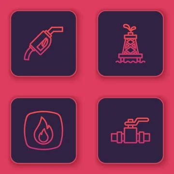 Set line Gasoline pump nozzle, Fire flame, Oil rig and Metallic pipes and valve Stock Illustration