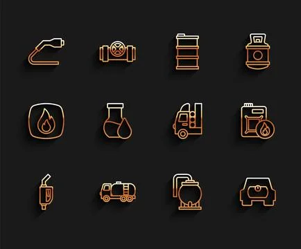Set line Gasoline pump nozzle, Tanker truck, Electrical cable plug charging, Oil Stock Illustration