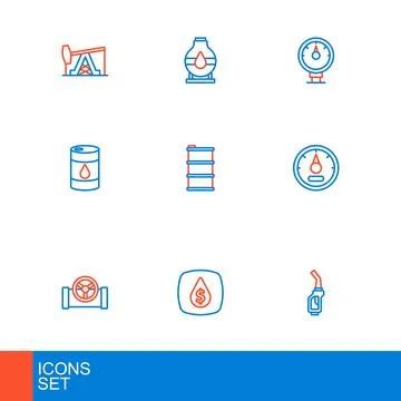 Set line Gasoline pump nozzle, Oil drop with dollar symbol, pipe valve, Mot.. Stock-Illustration