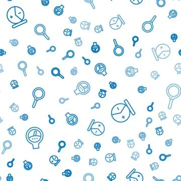 Set line Gauge scale, Atom and Magnifying glass on seamless pattern. Vector Illustrazione stock