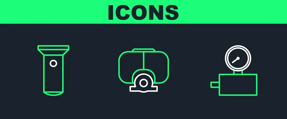 Set line Gauge scale, Flashlight and Diving mask icon. Vector Stock Illustration