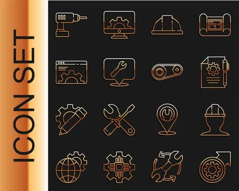 Set line Gear and arrows as workflow process, Worker safety helmet, Document Stock Illustration