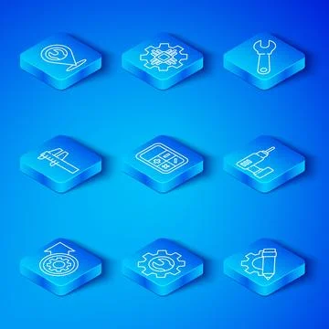 Set line Gear and arrows as workflow process, Calculator, Wrench spanner ge.. Stock Illustration
