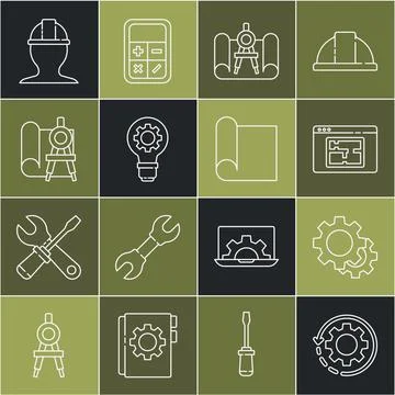 Set line Gear and arrows as workflow, House plan, Graphing paper compass, L.. Stock Illustration