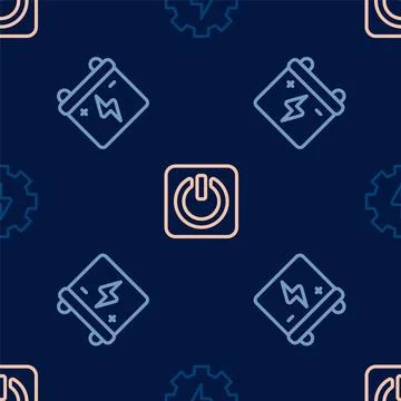 Set line Gear and lightning, Car battery and Power button on seamless pattern 스톡 일러스트