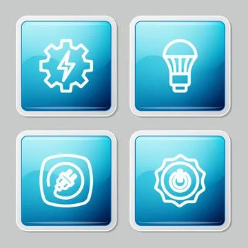 Set line Gear and lightning, LED bulb, Electric plug and Power button icon Illustrazione stock