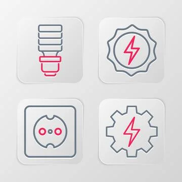Set line Gear and lightning, Electrical outlet, Lightning bolt and LED bulb.. Illustrazione stock