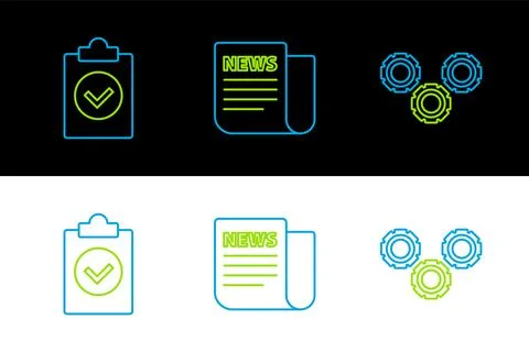 Set line Gear, Completed task and News icon. Vector Stock Illustration