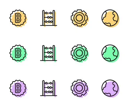 Set line Gear, Exam paper with incorrect answers, Abacus and Earth globe icon Stock Illustration
