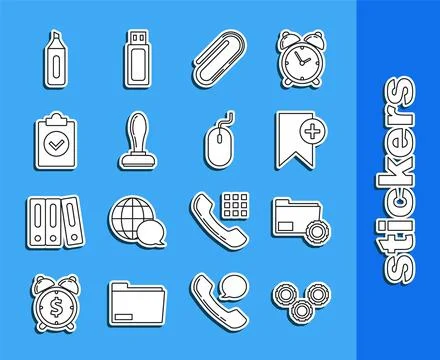 Set line Gear, Folder settings with gears, Bookmark, Paper clip, Stamp, Com.. Stock Illustration