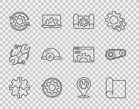Set line Gear, Graphing paper for engineering, and gear, arrows as workflow.. Stock Illustration