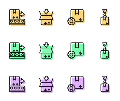 Set line Gear with package box, Conveyor belt, Carton cardboard and Crane icon イラスト素材