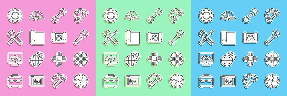 Set line Gear, Processor, Wrench spanner, Graphing paper for engineering Illustrazione stock