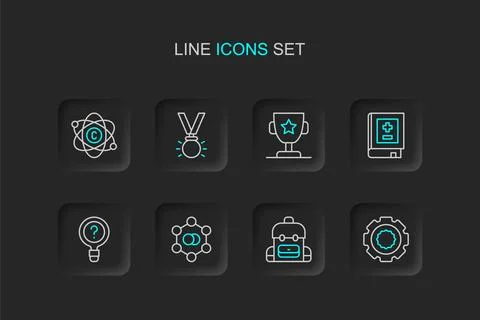 Set line Gear School backpack Molecule Unknown search Book with mathematics A Stock Illustration