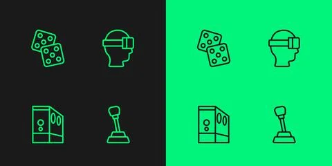 Set line Gear shifter, Case of computer, Game dice and Virtual reality glasses Illustrazione stock