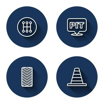 Set line Gear shifter, Pit stop, Car tire wheel and Traffic cone with long sh Stock Illustration