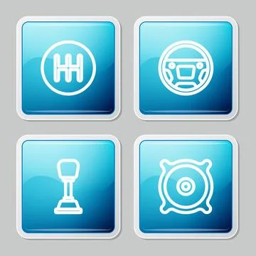 Set line Gear shifter, Steering wheel, and Car audio speaker icon. Vector Stock Illustration