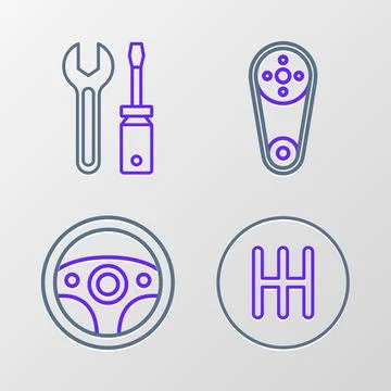 Set line Gear shifter Steering wheel Timing belt kit and Screwdriver and wren Stock Illustration
