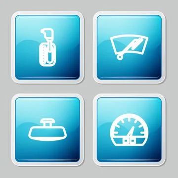 Set line Gear shifter, Windscreen wiper, Car mirror and Speedometer icon. Vector Stock Illustration