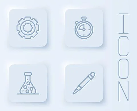 Set line Gear, Stopwatch, Test tube and Pencil with eraser. White square button Stock Illustration