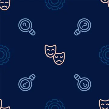 Set line Gear, Unknown search and Comedy and tragedy masks on seamless pattern Stock Illustration