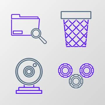 Set line Gear, Web camera, Trash can and Search concept with folder icon. Vector Stock Illustration