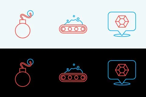 Set line Gem stone, Bomb and Conveyor belt carrying coal icon. Vector Stock Illustration