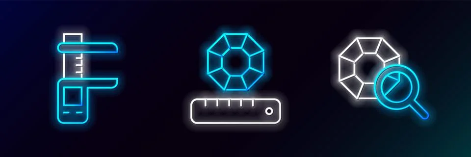 Set line Gem stone, Calliper or caliper and scale and  icon. Glowing neon. .. Stock Illustration