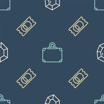 Set line Gem stone, Cinema ticket and Suitcase on seamless pattern. Vector 스톡 일러스트