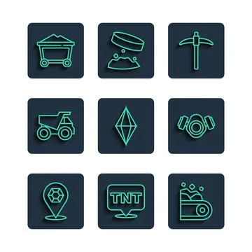 Set line Gem stone, Dynamite, Conveyor belt carrying coal, Pickaxe, Mining dump Stock Illustration