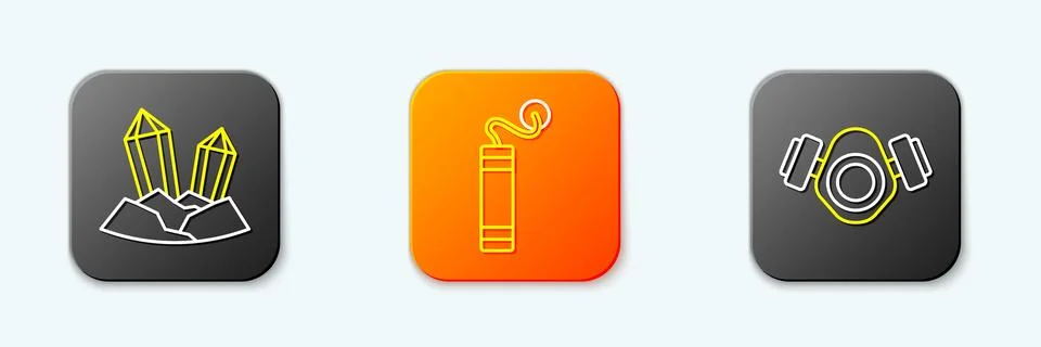 Set line Gem stone, Dynamite and Gas mask icon. Vector Stock Illustration