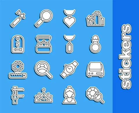 Set line Gem stone, Electronic jewelry scales, Diamond engagement ring, Necklace Stock Illustration