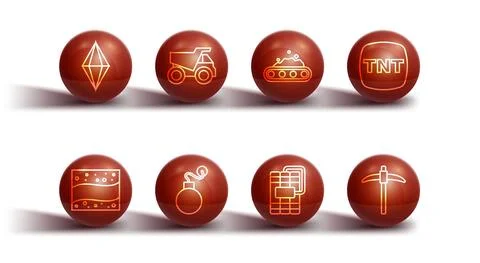 Set line Gem stone, Gold mine, Dynamite, Bomb, Mining dump truck, Pickaxe and Stock Illustration