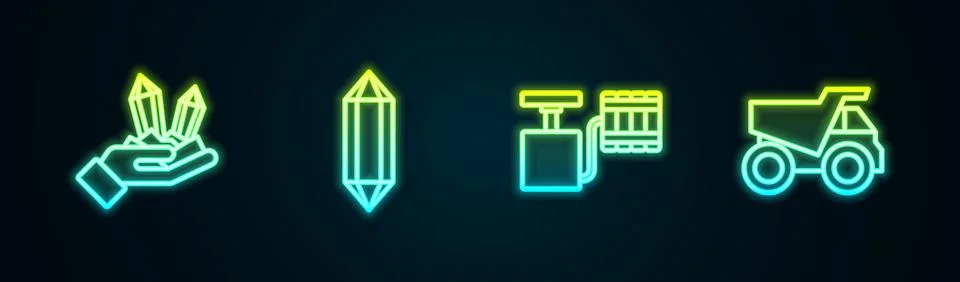 Set line Gem stone, Handle detonator and Mining dump truck. Glowing neon icon Illustrazione stock