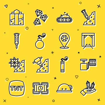 Set line Gem stone, Handle detonator, Mine entrance, Conveyor belt carrying coal Ilustração Stock