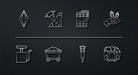Set line Gem stone, Handle detonator, Construction jackhammer, Mine coal trolley Illustration