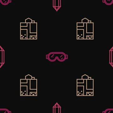 Set line Gem stone, Mine entrance and Safety goggle glasses on seamless pattern イラスト素材