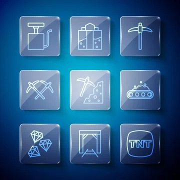 Set line Gem stone, Mine entrance, Dynamite, Pickaxe, Handle detonator and Illustrazione stock