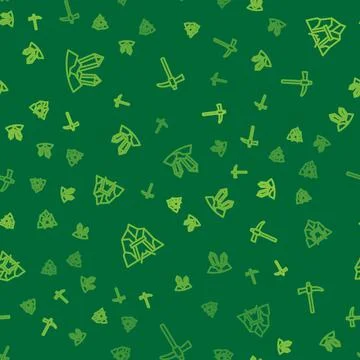 Set line Gem stone, Mine entrance and Pickaxe on seamless pattern. Vector Illustrazione stock