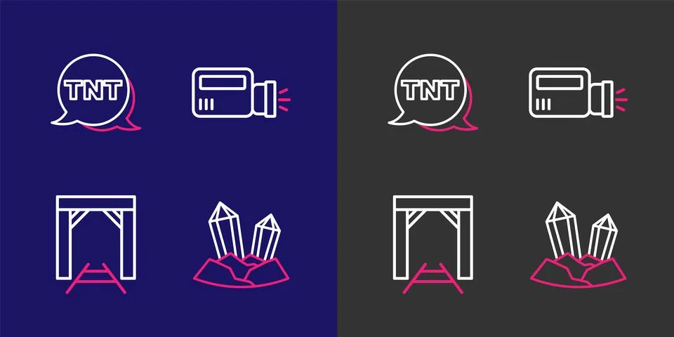 Set line Gem stone, Mine entrance, Flashlight and Dynamite icon. Vector Stock Illustration