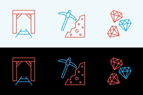 Set line Gem stone, Mine entrance and Pickaxe icon. Vector Stock Illustration