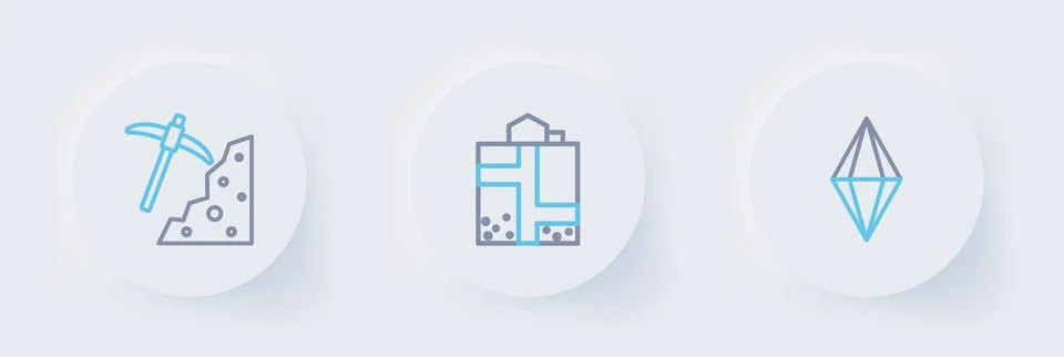 Set line Gem stone, Mine entrance and Pickaxe icon. Vector Stock Illustration