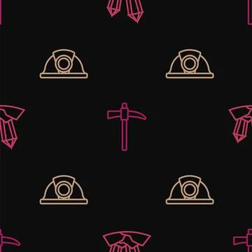 Set line Gem stone, Miner helmet and Pickaxe on seamless pattern. Vector Stock Illustration