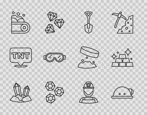 Set line Gem stone, Miner helmet, Shovel, Conveyor belt carrying coal, Safety Illustrazione stock