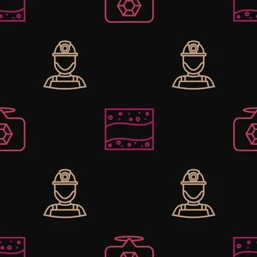 Set line Gem stone, Miner in a helmet and Gold mine on seamless pattern. Vector Stock Illustration