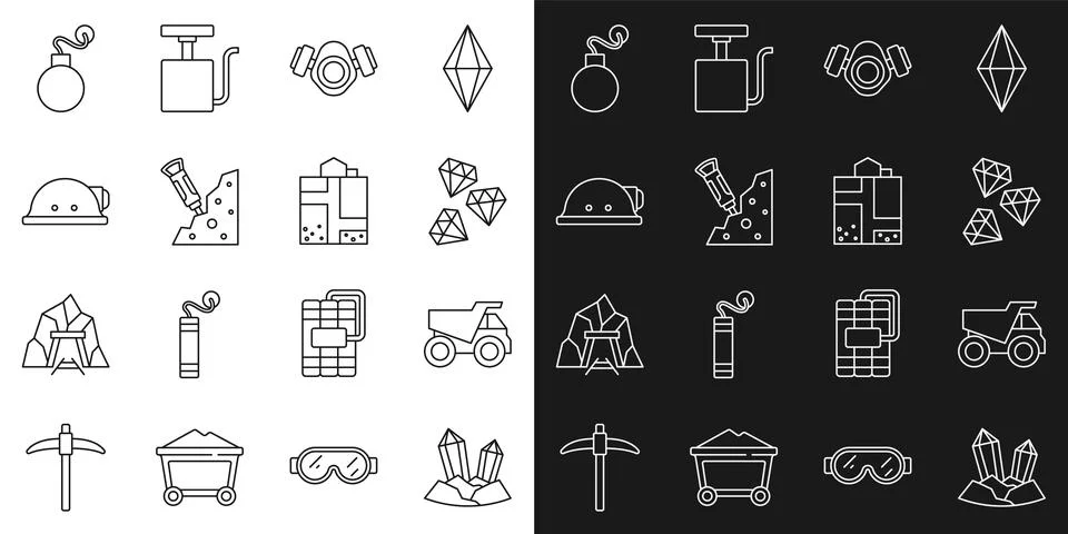 Set line Gem stone, Mining dump truck, Gas mask, Construction jackhammer, Miner Illustrazione stock